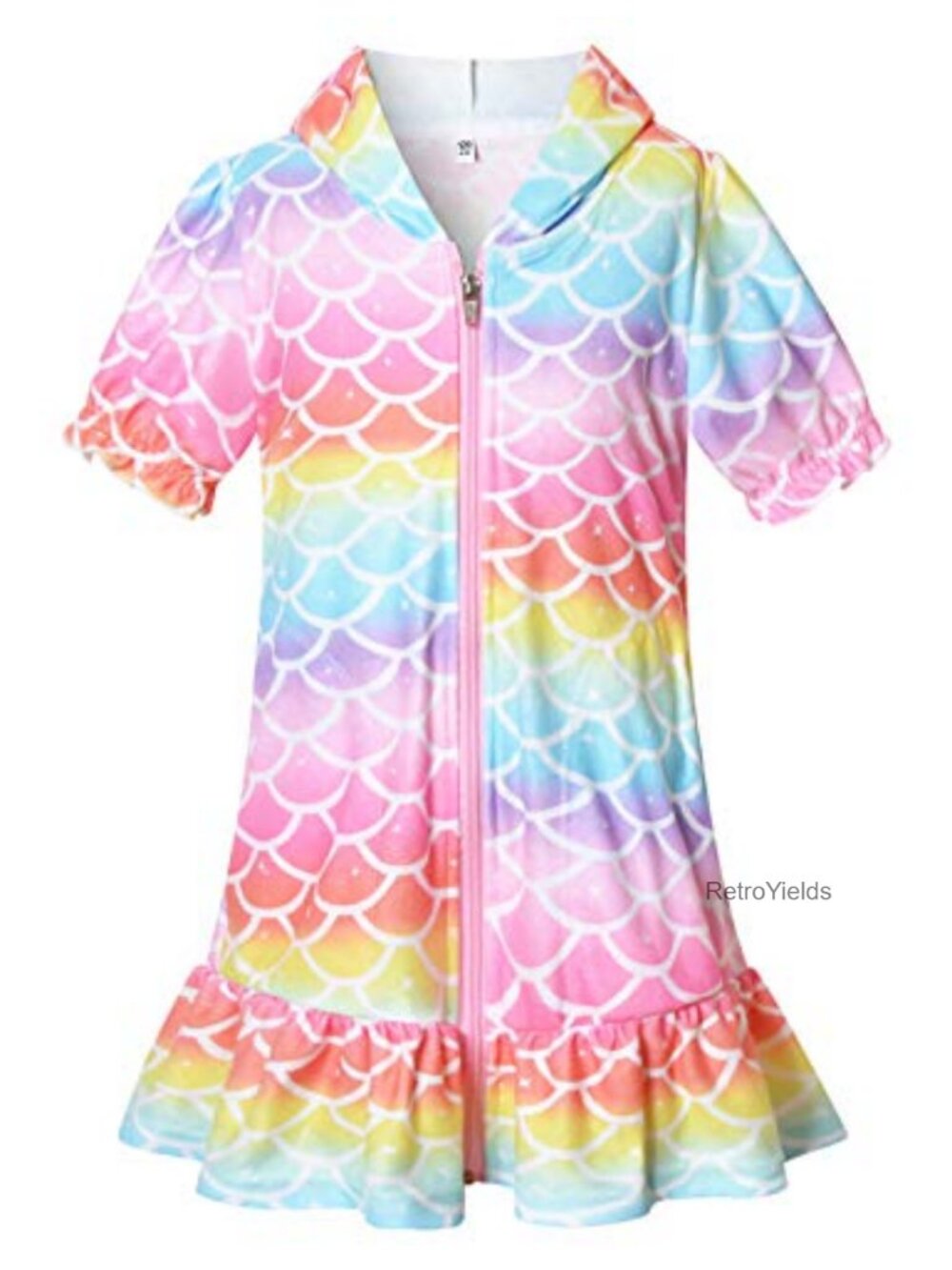 Girls Terry Swim Cover Up Zip Hooded Beach Robe Ruffled Swimsuit Wrap